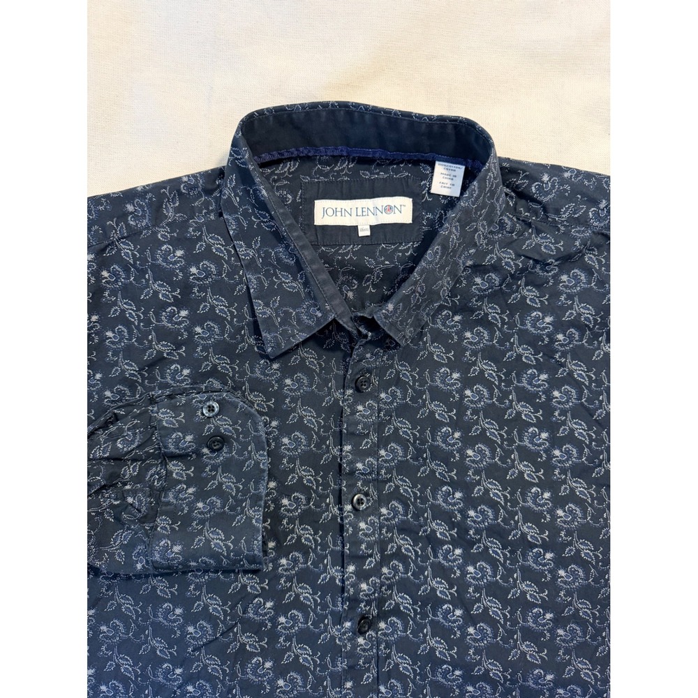 John Lennon Mens Navy Blue Floral Cotton Long Sleeve Button Down Shirt Size XL